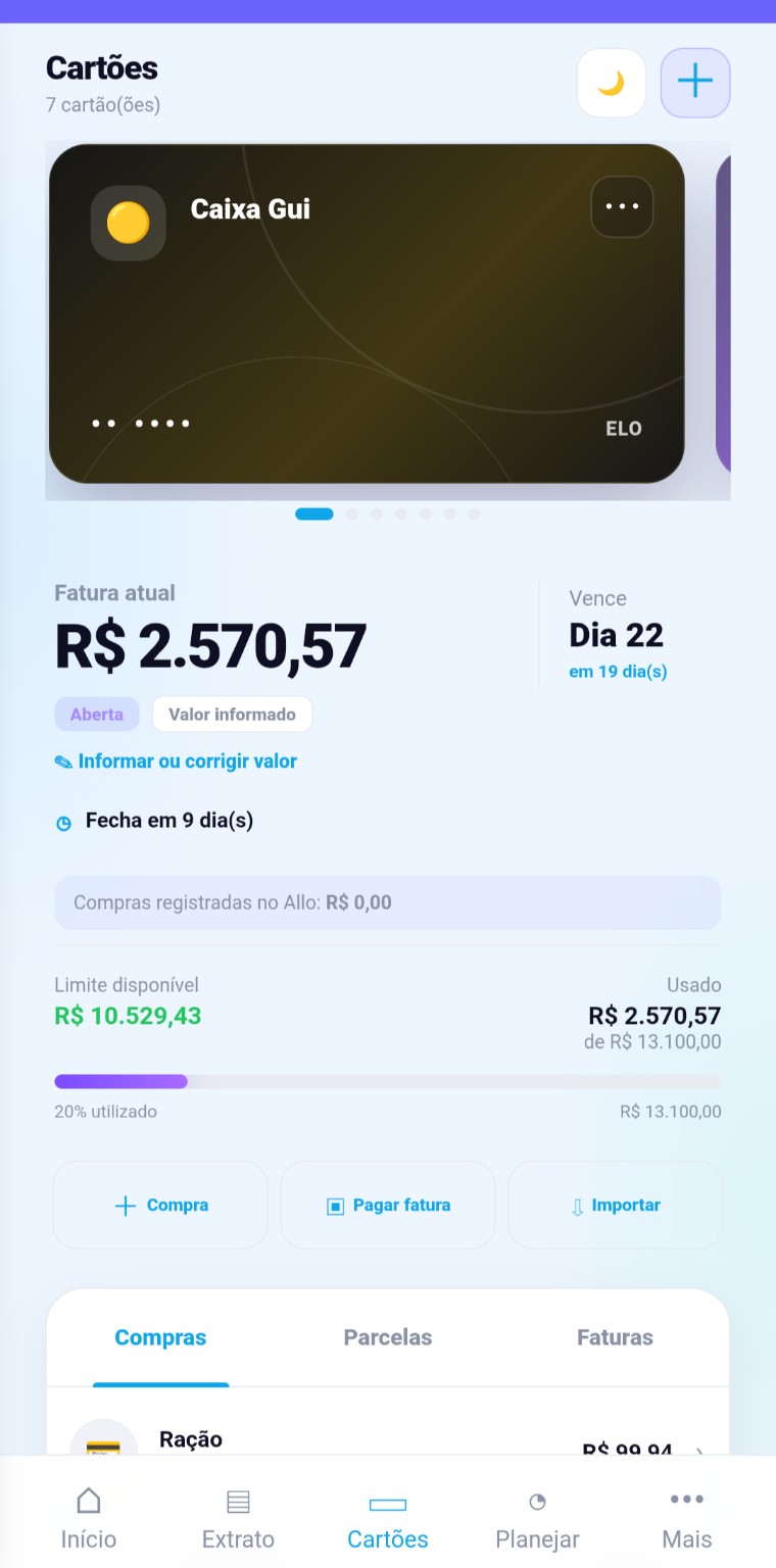 Tela atualizada de cartões